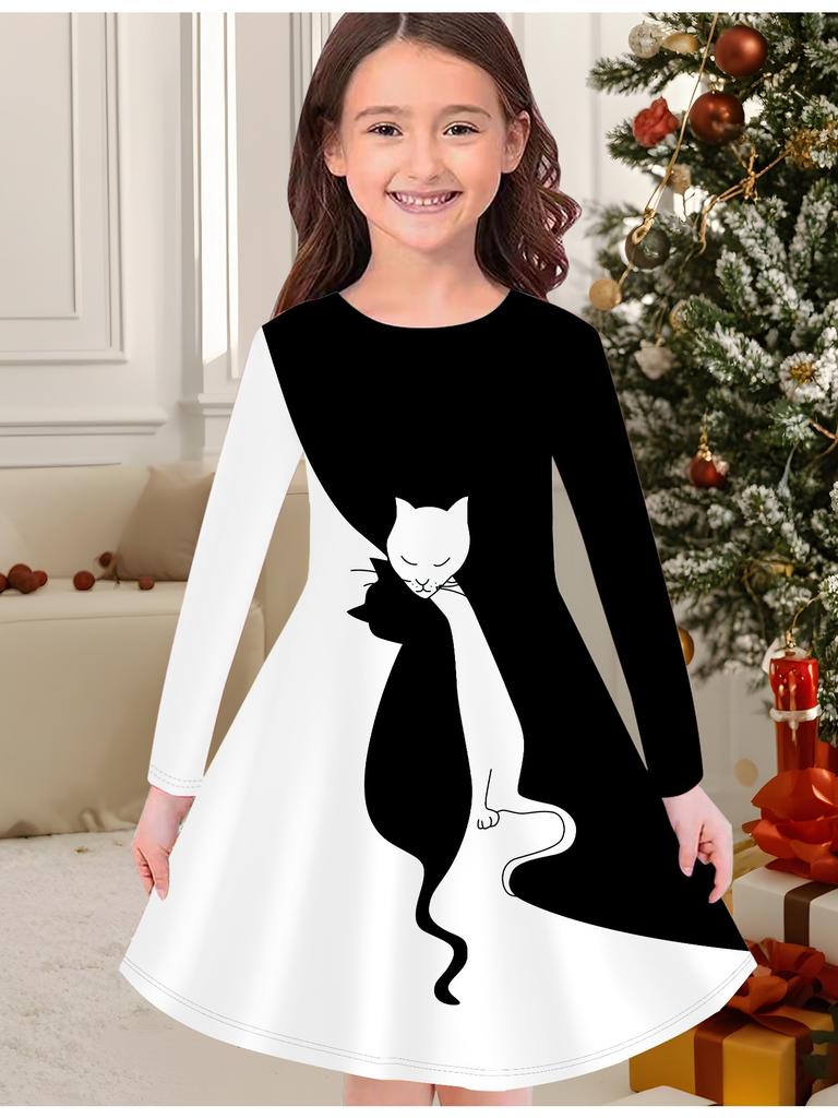 Girls' Autumn and Winter Fashion Dress, 3D Black Cat Print  Round Neck Long Children's T-shirt Dress, Casual Versatile, Christmas Clothing