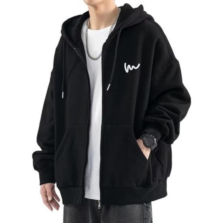

Мужской зимний худи Streetwear средней длины, куртка-кардиган на молнии, верхняя одежда с карманами, свободный крой, спортивный, с кулиской M чёрный