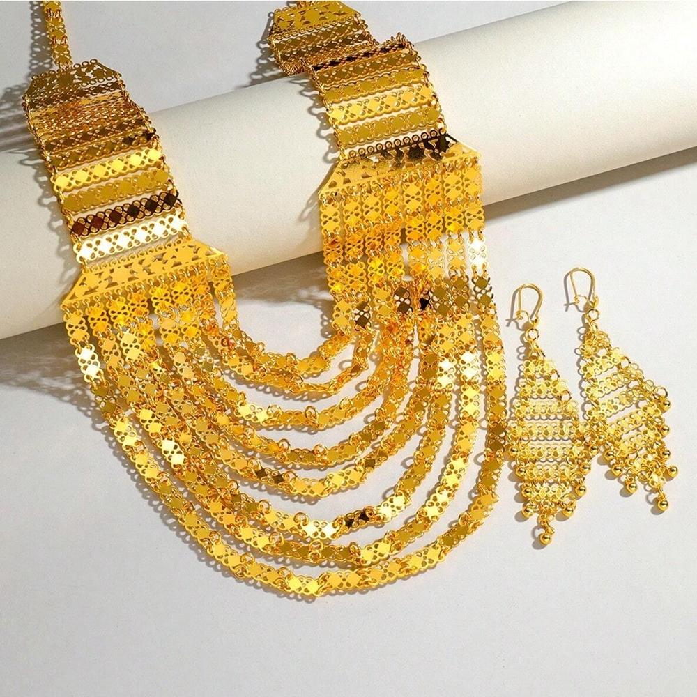 New Fashion Gorgeous Exaggerated Gold Color Metal Multi Layered Bib Necklace Women s Ball Party Jewelry Set
