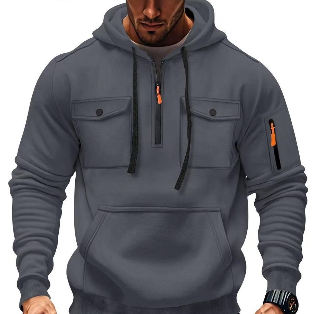 Men's hooded pocket zipper casual fleece hoodie solid color coat for autumn and winter