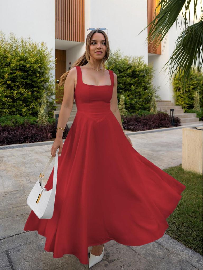 Elegant Women's Sleeveless Solid Color Square Neck Dress - Spring/Summer 2025 Collection