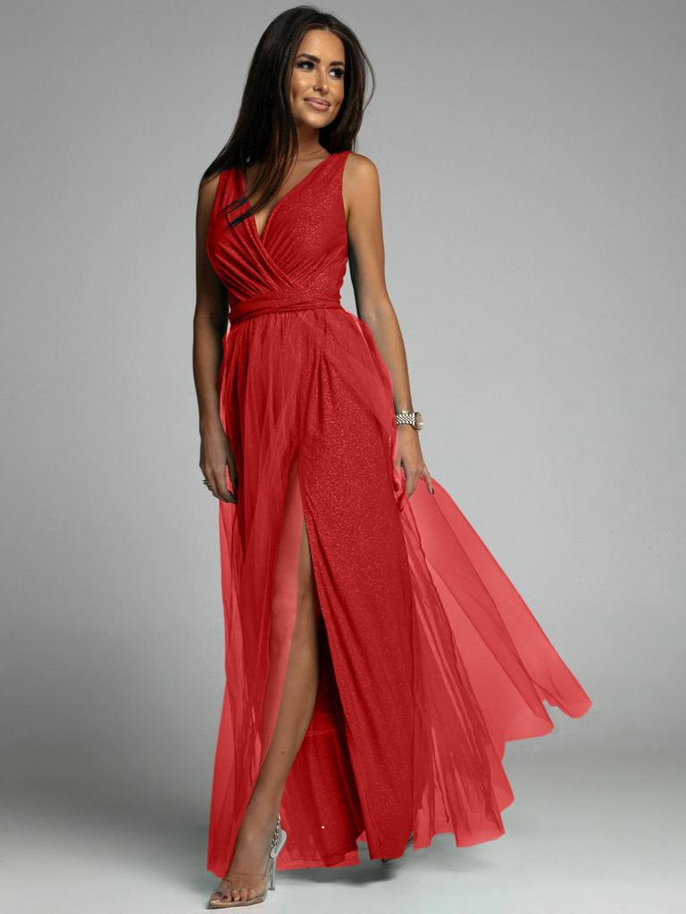 Cross-border 2023 V-Neck Waist-Cinching Sparkling Evening Gown with Slit