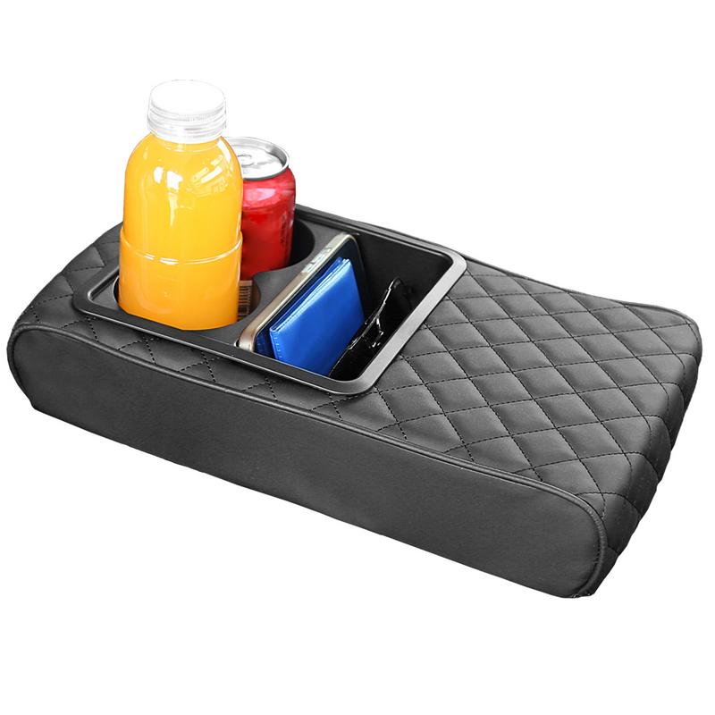Arm Rest Cover for Car Waterproof PU Leather Armrest Box Mat with Cup Holder Armrest Box Pad Side Storage Pocket Accessories