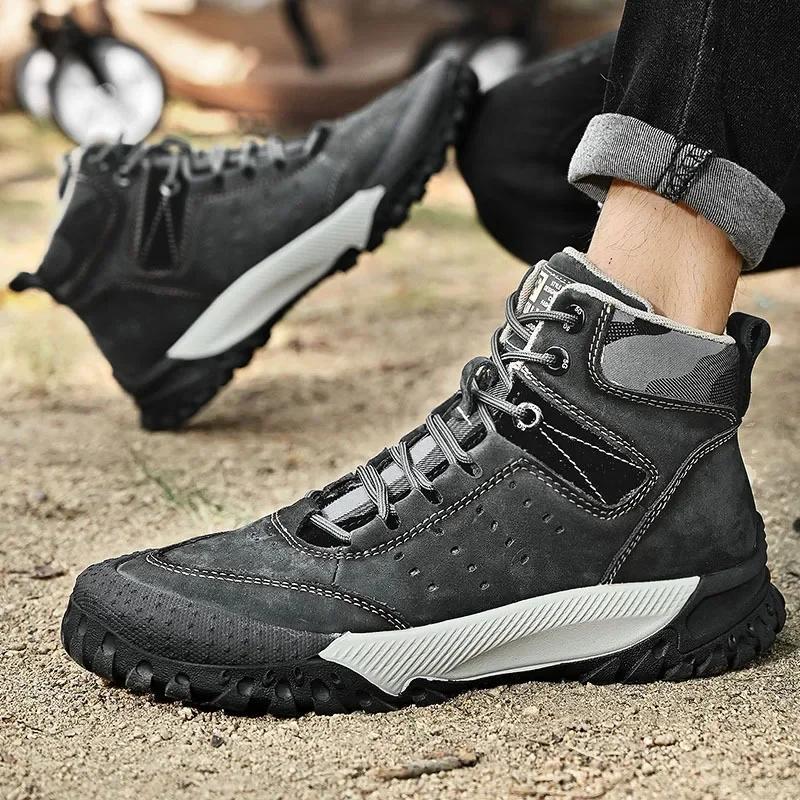 Men Shoes New Genuine Leather High Tops Casual Sport Hiking Shoes Outdoor Sneakers Hot Skidproof Cow Leather Climbing Boots