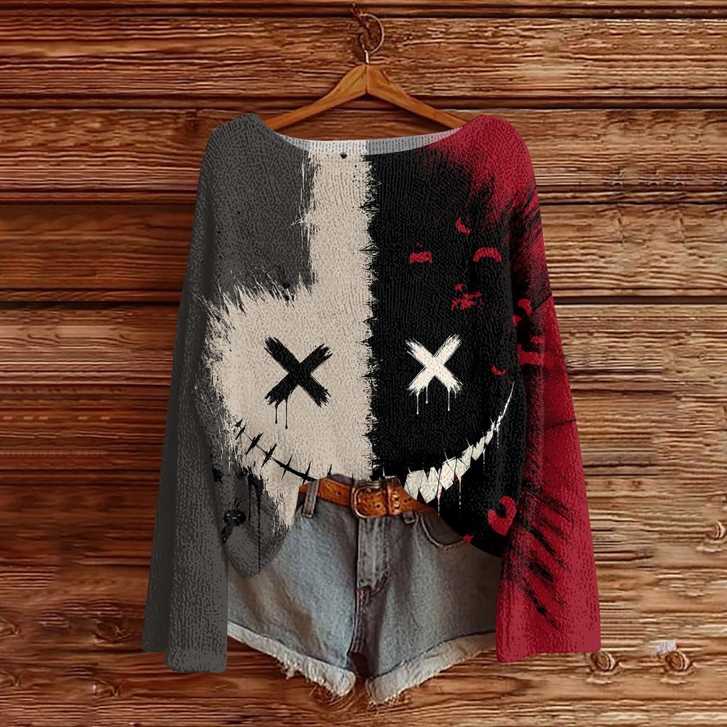 Women's Long Sleeve Halloween Print Crewneck Knit Pullover Sweater for Casual Daily Wear