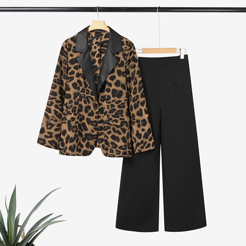 ZANZEA Women Leopard Print Cardigan Blazer and Pants Casual Two Piece Suit Sets