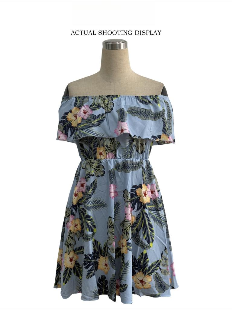 Summer Elegant Women Print Off Shoulder One Shoulder Ruffle Hem Dress A Line Style Mature Style French Retro Slim Sexy Elegant Women Maxi Dress