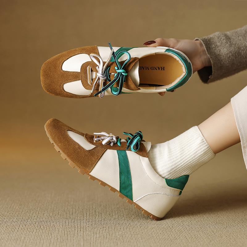 Fashion Lace-up German Training Shoes Pumps Female Genuine Leather 2025 New Spring Flat Sneakers Ladies Casual Forrest Gump Shoes Women