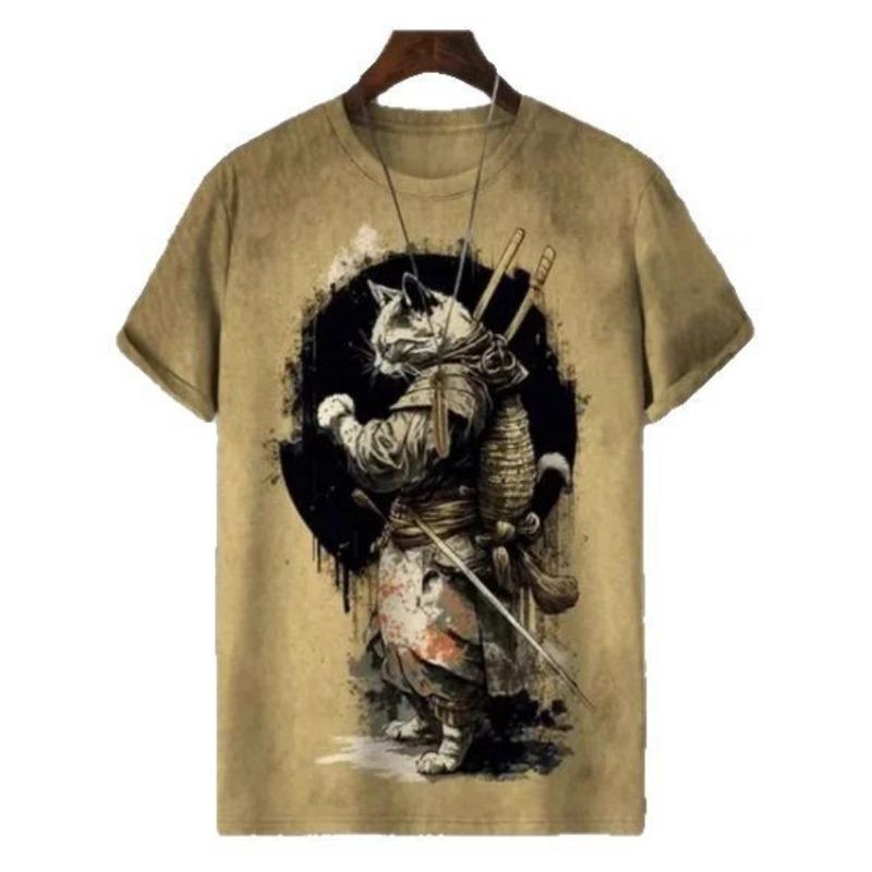 Summer Round Neck 3D Warrior Cat Printed Top Fashionable Casual Short Sleeved Men's T-shirts