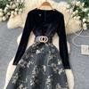 French Style Velour Luxury Dress V Neck Long Sleeve Sashes Splice Jacquard Autumn Women Floral Print  Party Maxi Dress