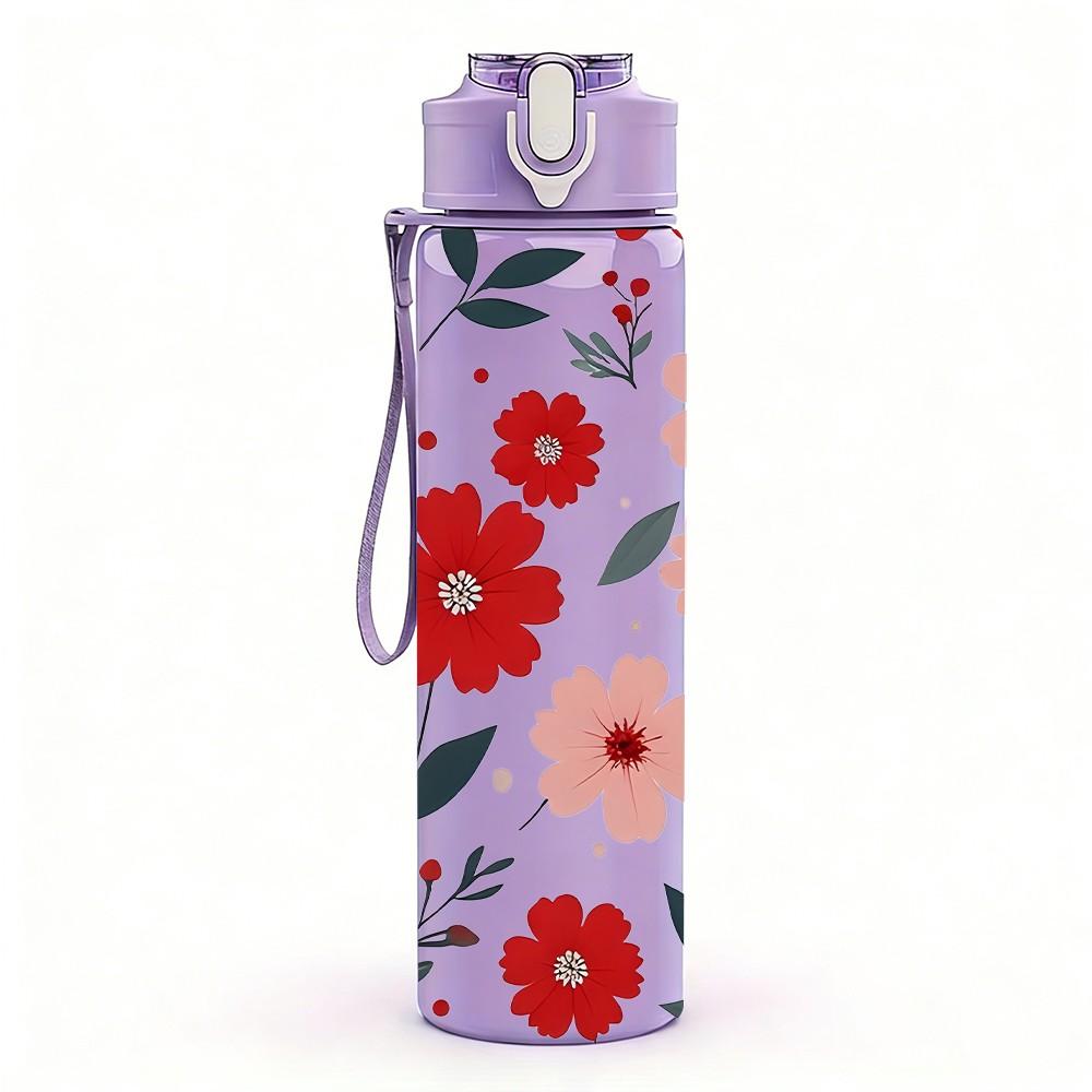 1PC Mixed Red Pink Wildflower Seamless Pattern 750ml Color Plastic Sports Water Bottle Leakproof Flip Straw Lid Suitable for Sports Office Home Use