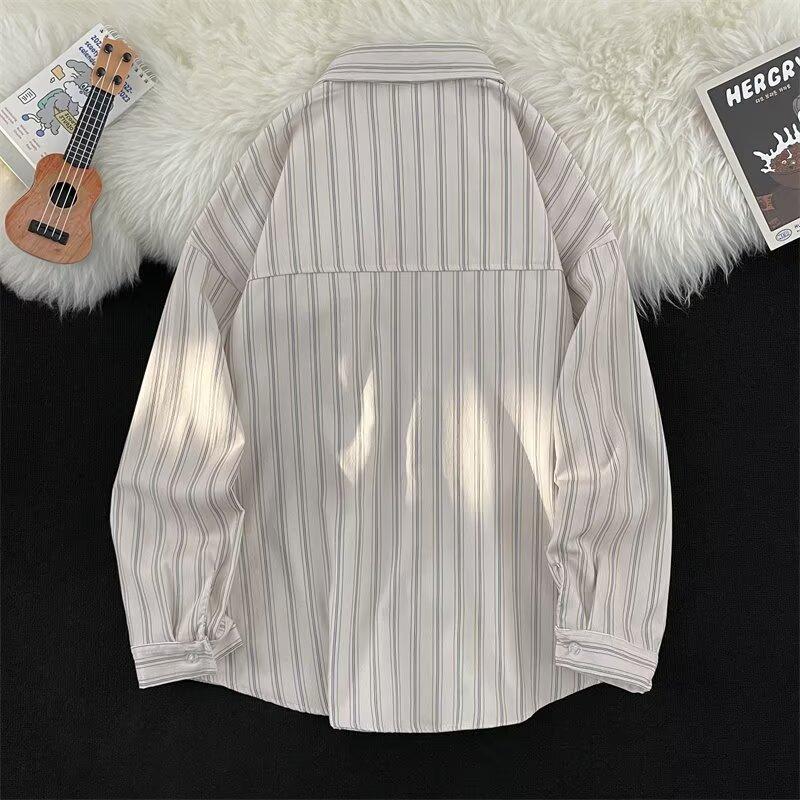 2024 Striped Long Sleeve Shirt Japanese Hong Kong Style Ins Loose Shirt Boys Summer Trendy Versatile Casual Coat