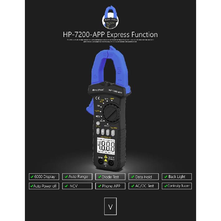 HP-7200-APP Bluetooth Clamp Meter, TRMS 6000 Counts Digital Multimeter, Non-contact AC DC Voltage Current Resistance Tester