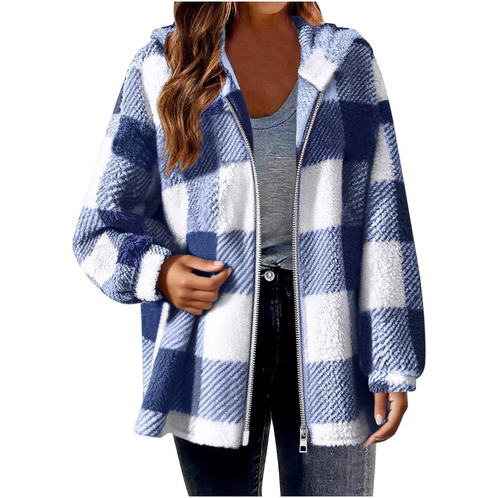 2025 Plaid Loose Fit Long Sleeve Hooded Fuzzy Zip-Up Cardigan Jacket