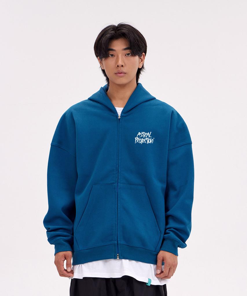 Astral Projection Graffiti Lettering Oversized Wide Shoulder Zip-Up Hoodie_Teal Blue