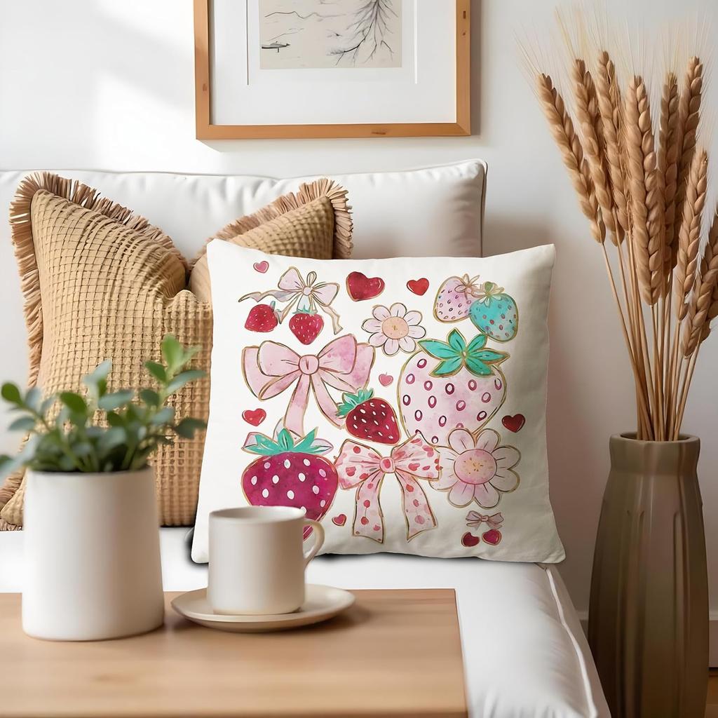 Strawberry Bow Decorative Pillowcase - 18x18 Inch Throw Pillow Covers Coverstrawberry Room Decor, Sweet Gift for Girls & Teens
