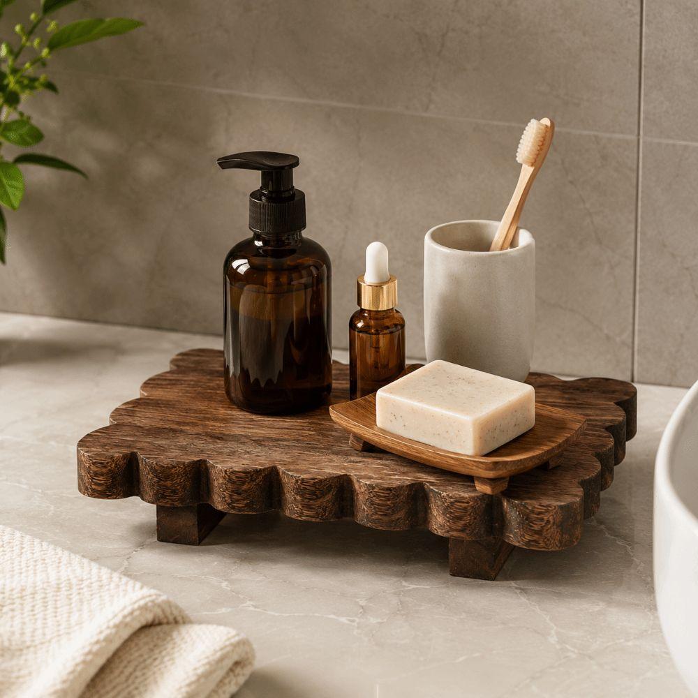 Scalloped Edge Wooden Storage Tray Solid Wooden Decorative Pedestal  Kitchen Display