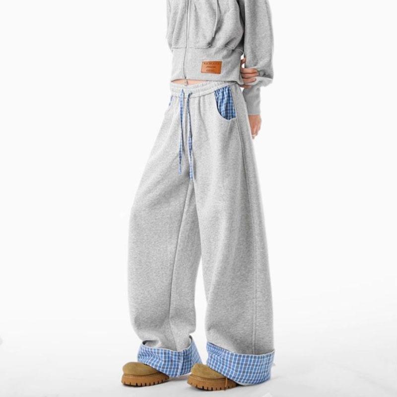 Women Plaid Patchwork Wide Leg Sweatpants Elastic Waist Casual Trousers