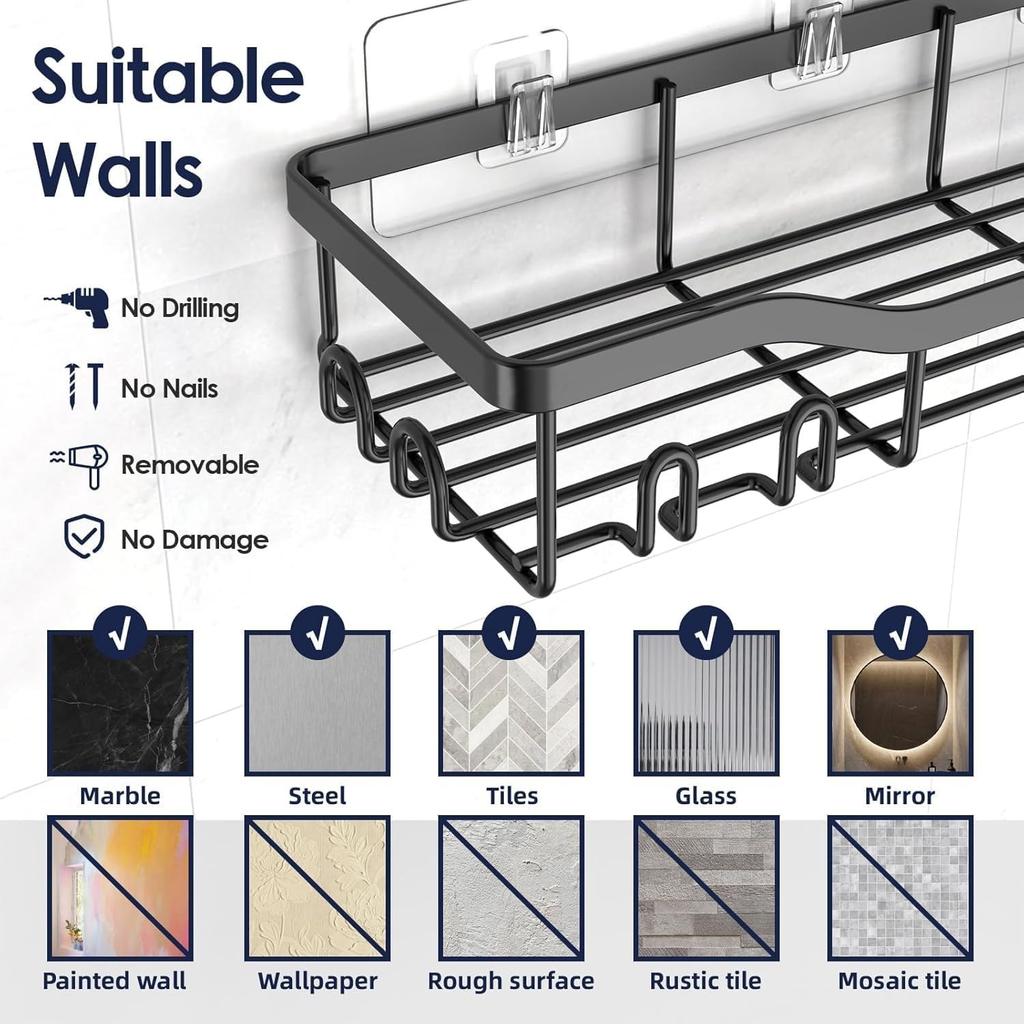 5-Pack Adhesive Shower Caddy - Rustproof Stainless Steel Bath Organizer, No-Drill Installation & Large Capacity | With Soap Dish & Toothbrush Holder