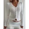 2026 New Fashion Women's V Neck Lace Trim Knitted Long Sleeve Cardigan Top Solid Color Slim Fit Elegant Casual Fall Winter Clothing