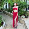 Pure Desire Hot Girl Red Hanging Neck Sling Long Dress Irregular Ruffled Sexy Split Seaside Vacation Swimsuit
