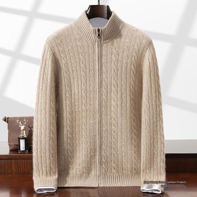 Men's Autumn/Winter Cashmere Cable Knit Zipper Cardigan Sweater, Half-High Collar, Plus Size