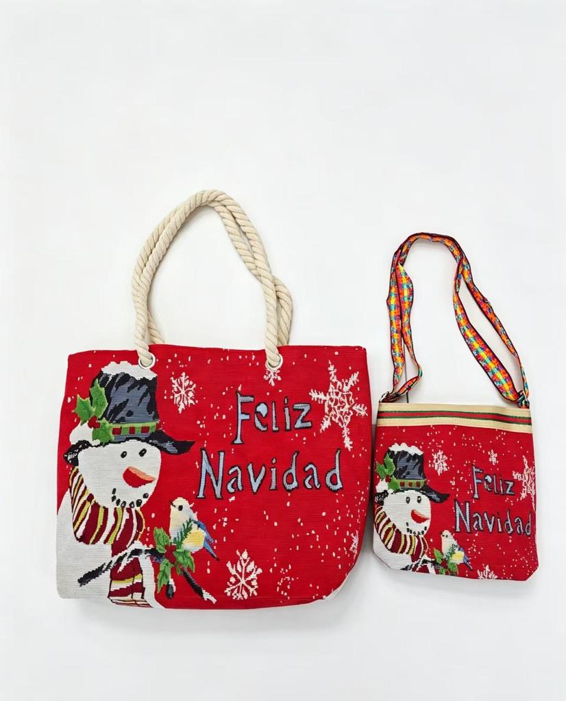 Women's Christmas Tote Set: Snowman & Santa Claus Embroidered Large Shoulder Bag with Makeup Pouch