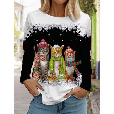 Boże Narodzenie Słodki Kot Damski Długi Rękaw T-shirt Okrągły Dekolt Długi Rękaw Jesień Odzież Zwierzę Święta Moda Impreza T-shirt