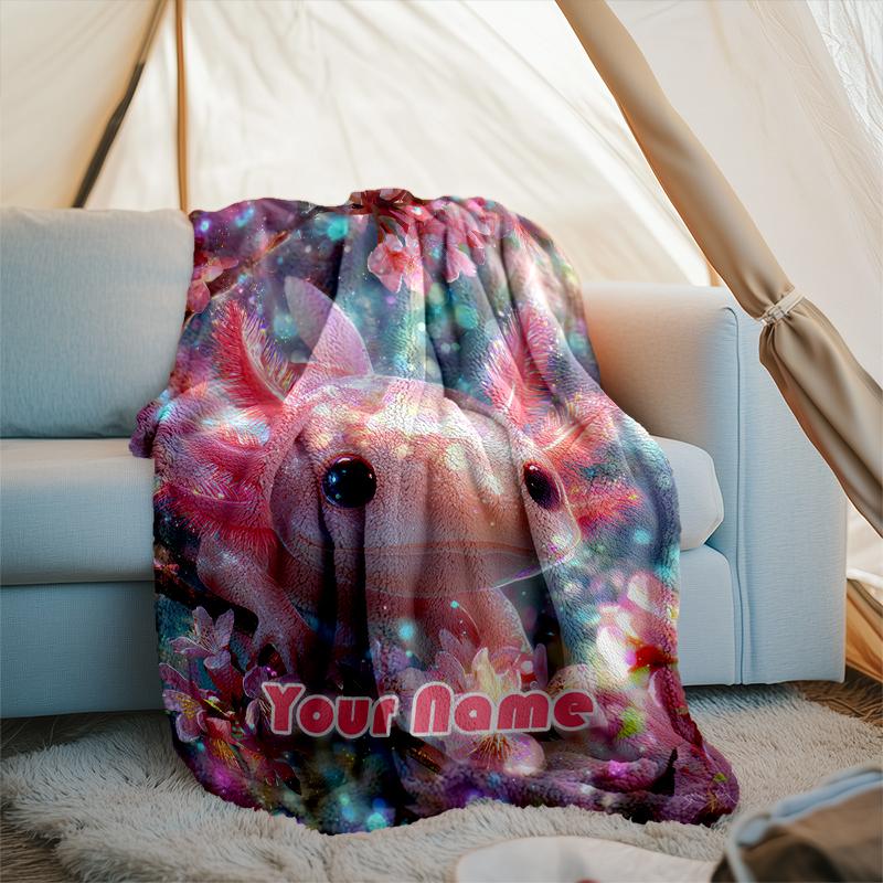 1PC Custom Name Axolotl Blossom Garden Outdooor Flannel Blankets Patterns Throw Blanket All-Season Soft Gift for Couch, Bed, Camping Gifts