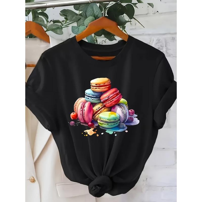 European Size Women's Elegant Short-sleeve T-shirt, Featuring Vibrant Macaron and Fruit Geometric Print, Soft Round-neck Casual Top