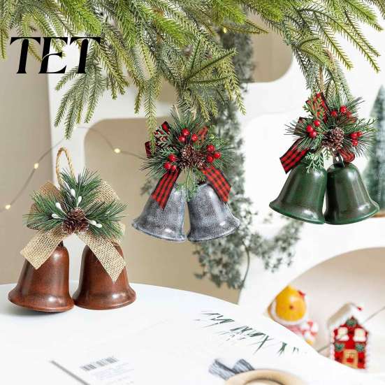 Double Bell Pendant with Pine Needles Christmas Ornaments, Metal Jingle Bells Xmas Tree Hanging Rustic Farmhouse Decorations Decoration Pinecones