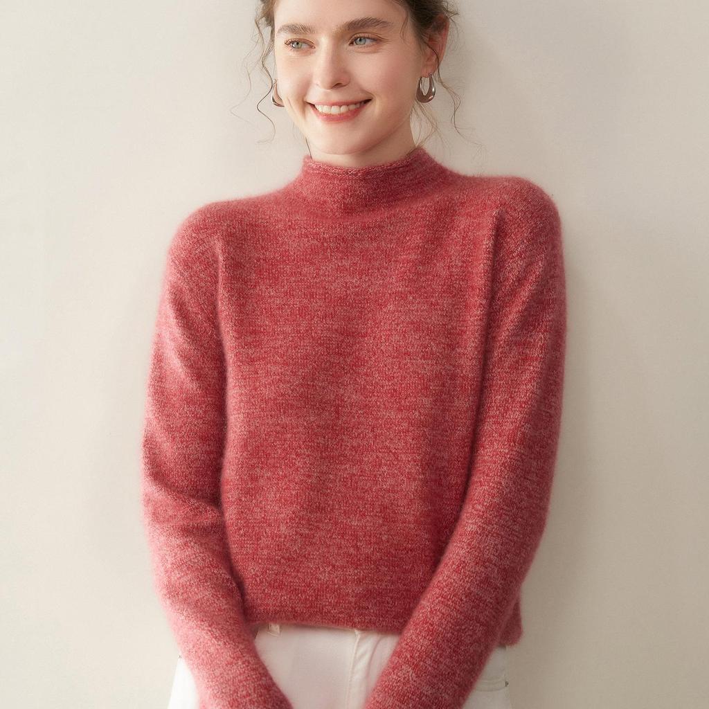 Women's Solid Color Cashmere Sweater: Floral Yarn, Half-High Neck, Rolled Hem Knit Base Layer Top.