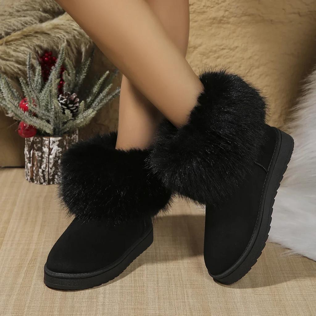 Shoes for Women Winter Women's Boots Black Round Toe Solid Flock Plush Warm Mid Heel Water Proof Casual Snow Boots Women Size