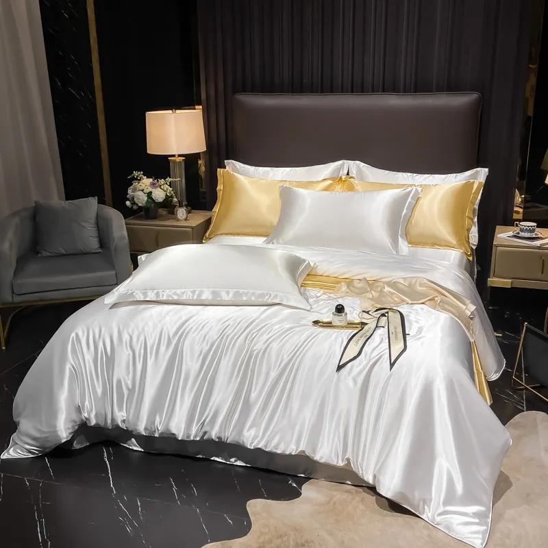 Conjunto de Roupa de Cama Nórdico 100% Seda com Capa de Edredom Lençol Fronha Luxo Casal Solteiro Casal Verão Liso Rainha Rei Lençol