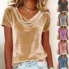 2026 Summer V-neck Drawstring Tie Short-sleeve Solid Color Women's T-shirt