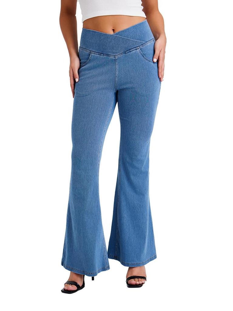 Women's High-Waisted Stretch Knit Denim Flare Pants with Pockets