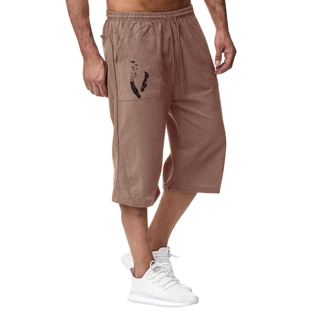 Men's Casual Loose Fit Capri Pants with Elastic Waist and Drawstring for Workout and Burgundy