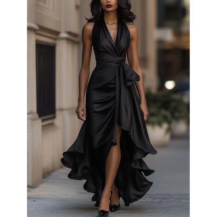

Платье из атласа с V-образным вырезом без рукавов с поясом на талии и оборками - 6 цветов, офисный стиль, элегантное женское платье S чёрный