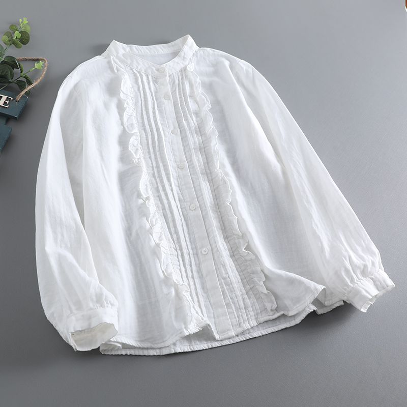 

Yisha New Arrival Small Stand Collar Tree Fungus-like Lacework Cotton Yarn Shirt Women s Loose All-Matching Fresh Age-Reducing Pure Color Tops Fashion White One size