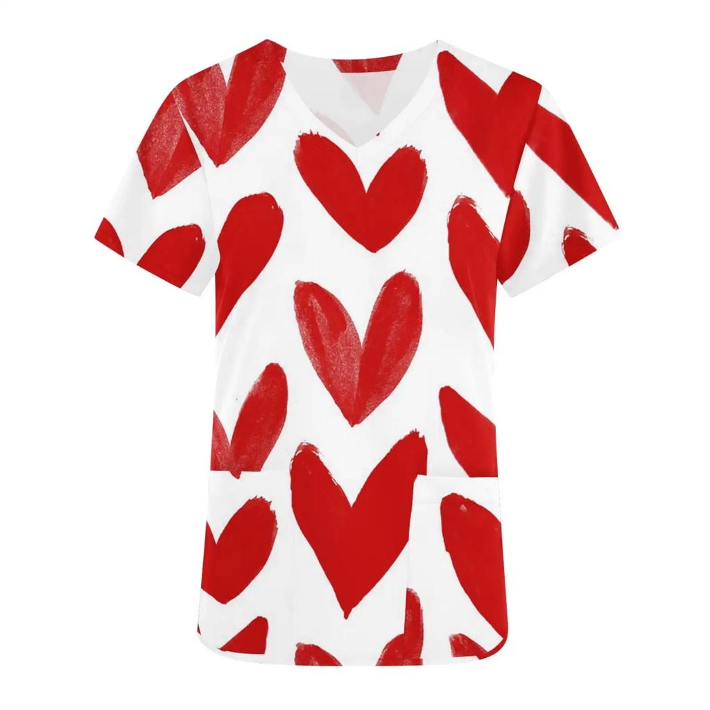 Women's Nursing Uniform with Romantic Heart Pattern Print Women's Short Sleeved Uniform Fashionable Casual and Comfortable