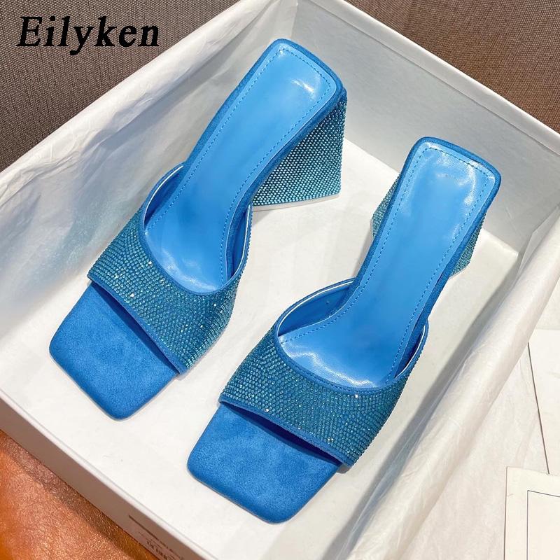 Fashion Eilyken Summer CRYSTAL Triangle Thick Heel Slippers Sexy Street Woman Square Toes Dress Party Shoes Size 35-41