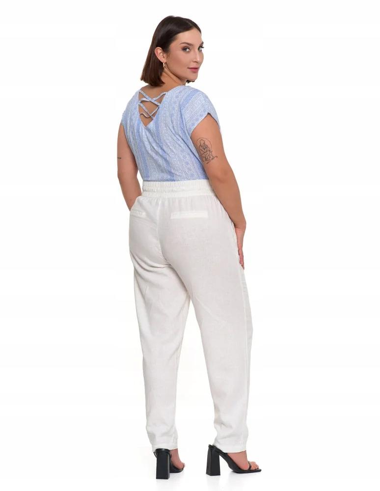 Women's Linen Trousers with Elastic Waistband, Elegant, Straight Leg, MORAJ M WHITE