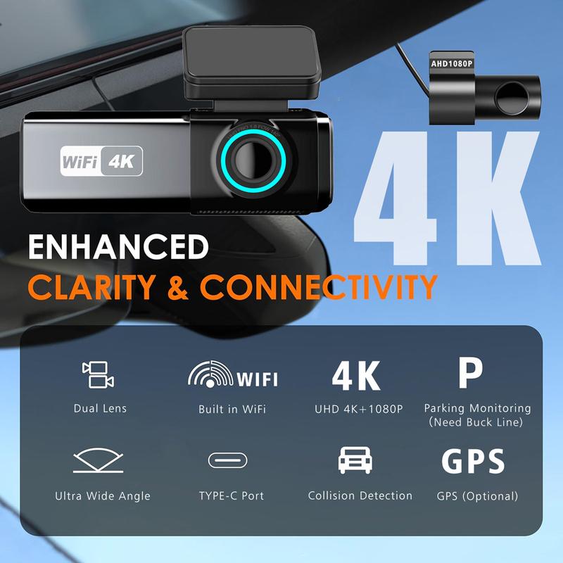 Car DVR 4K 3840*2160P WIFI GPS Dash Cam Mini Camera Front and Rear Dual Lens Dashcam Black Box Video Drive Recorder Night Vision