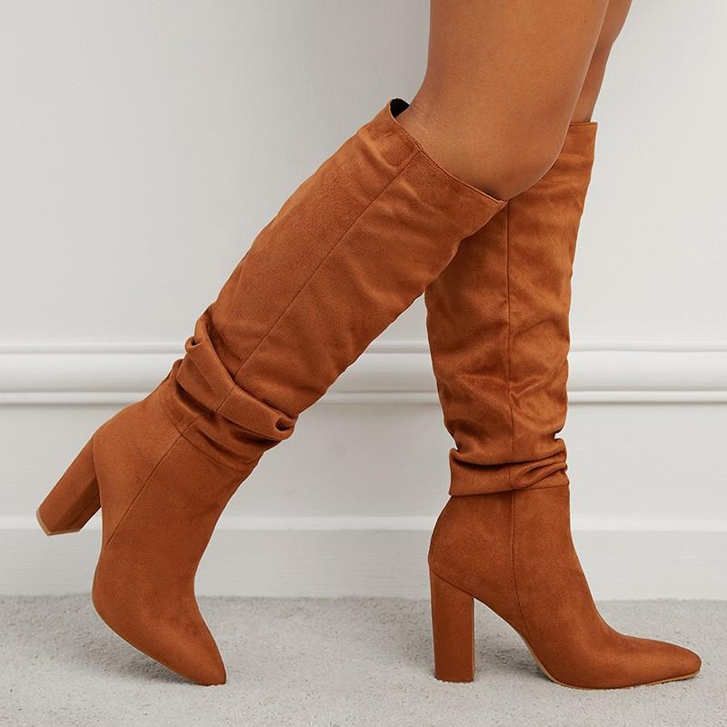 Fall Pleated Tall Boots Fashion Pointed Toe Suede Sleeve Soft Sole Non-Slip Wear-Resistant High Heels