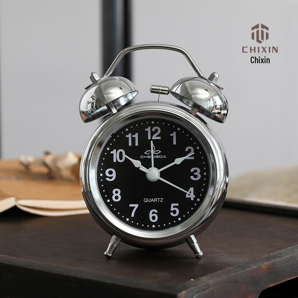 3-inch Retro Silver Ringing Metal Alarm Clock with Night Light - Stylish, Multifunctional Bedside Clock for Students