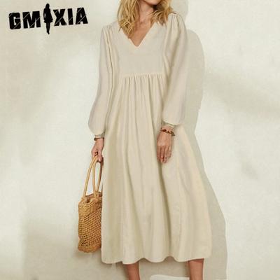 Robes décontractées pour femmes, mode printemps automne, couleur unie, imprimé, manches longues, col en v
