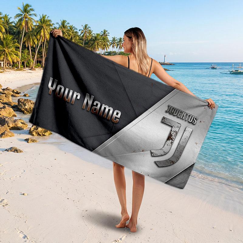 Asciugamano da Spiaggia Personalizzato Juventus FC, Stampa Testo Nome Personalizzato, Asciugamano Morbido Asciugatura Rapida con Logo Calcio, Regalo per le Vacanze