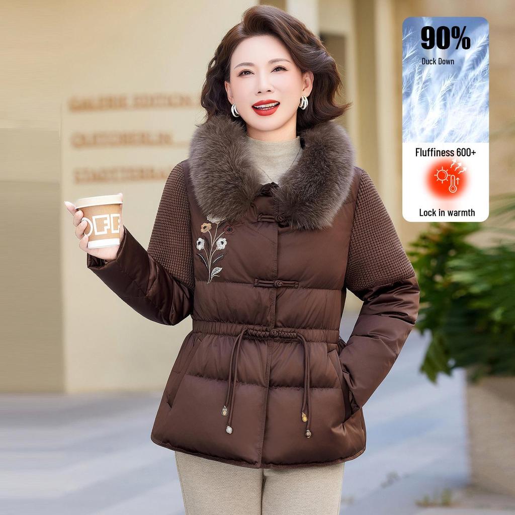 Mom's Winter Fashionable Embroidered Down Jacket with Wool Collar for Middle-Aged and Elderly Women