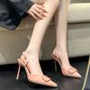 Baotou V-Buckle Nude Women's Sandals - 2024 French Spring Collection, Pointed Toe, One-Strap Stiletto High Heels.