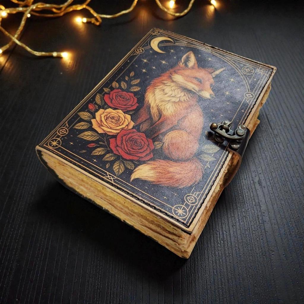 Handmade Leather Journal with Fox & Roses Cover – Vintage Deckle-Edge Paper, 200 Pages, 5x7 inch Diary, Gift Notebook